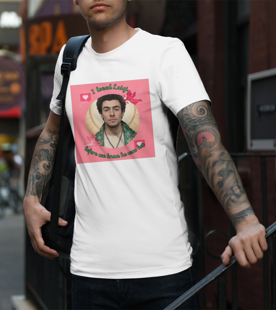 I Loved Luigi Before We Knew He Was Hot Pink Background Heart And Cupid Design T-Shirt