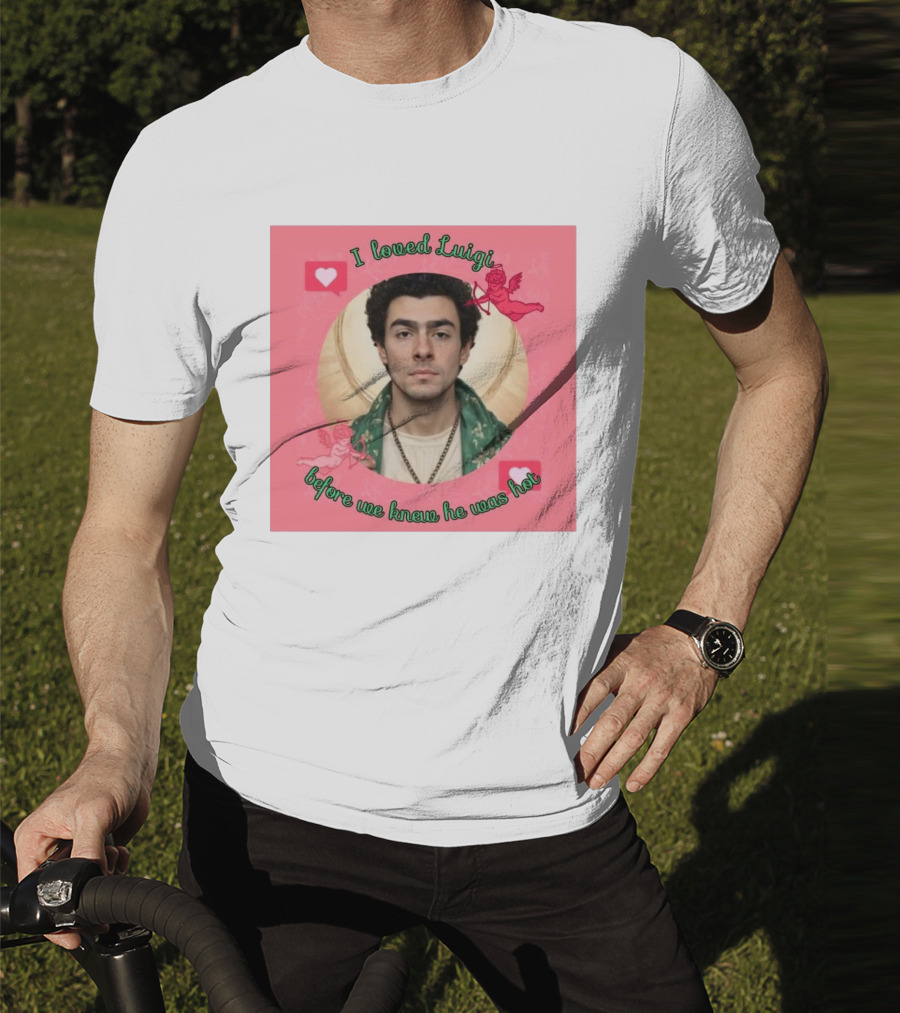 I Loved Luigi Before We Knew He Was Hot Pink Background Heart And Cupid Design T-Shirt