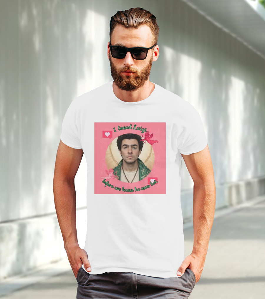 I Loved Luigi Before We Knew He Was Hot Pink Background Heart And Cupid Design T-Shirt