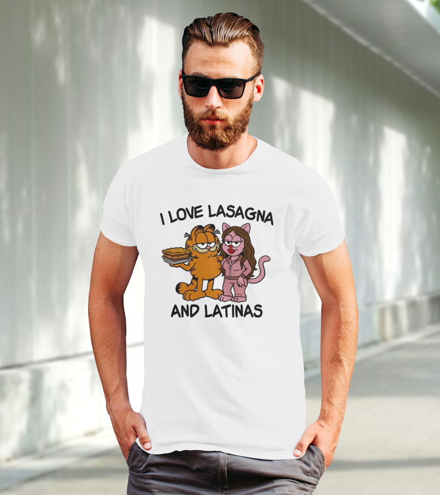 I Love Lasagna And Latinas Garfield Cartoon Cat And Latina Cat In Sunglasses T-Shirt