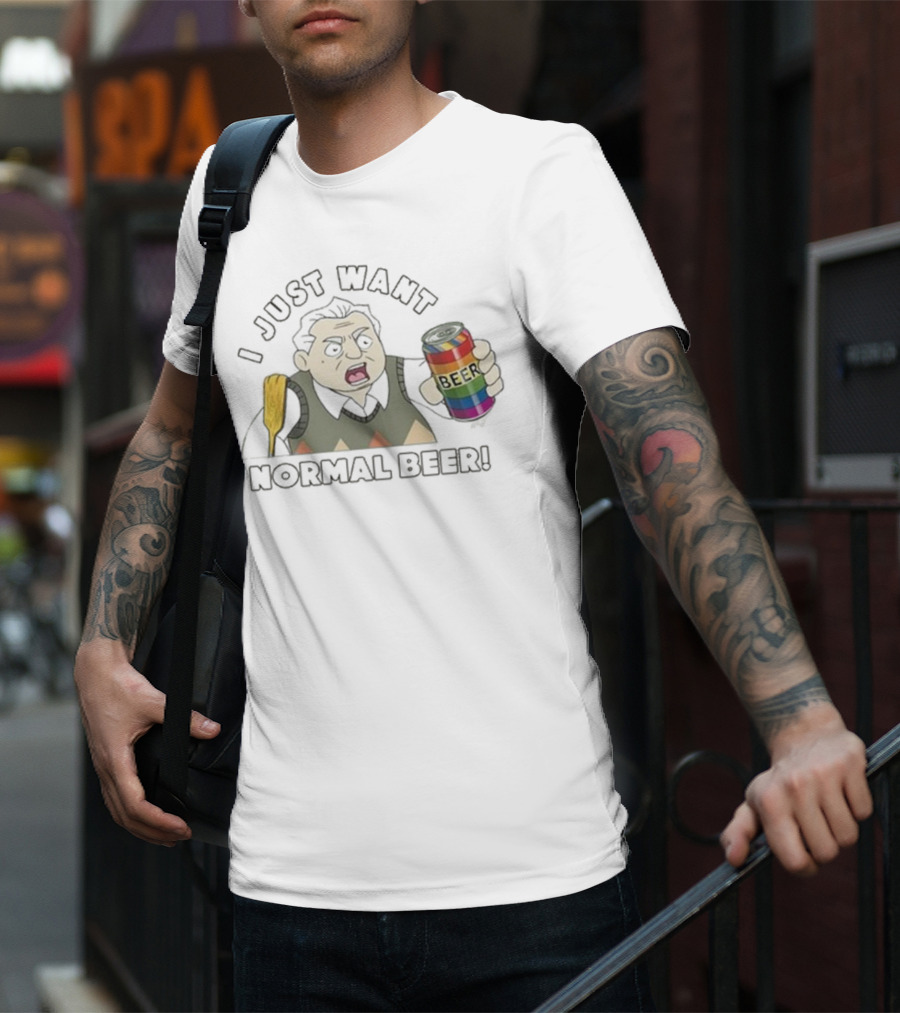 I Just Want Normal Beer Funny Cartoon Holding Rainbow Can T-Shirt