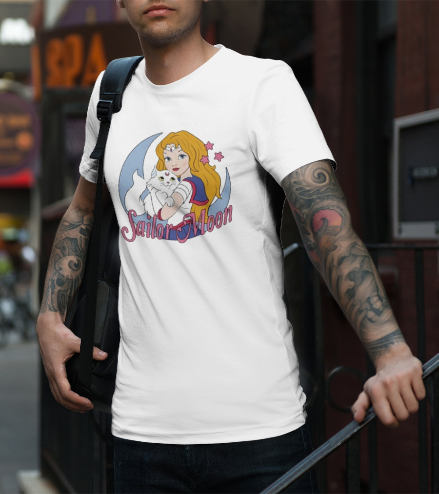 Sailor Moon Holding White Cat With Stars T-Shirt