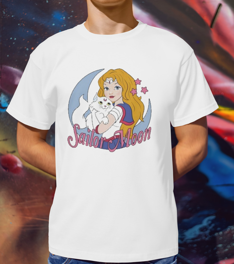 Sailor Moon Holding White Cat With Stars T-Shirt