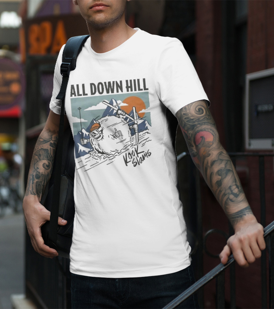 Kook Slams All Down Hill Skiing Adventure Orange Sunset Rugged Mountains T-Shirt