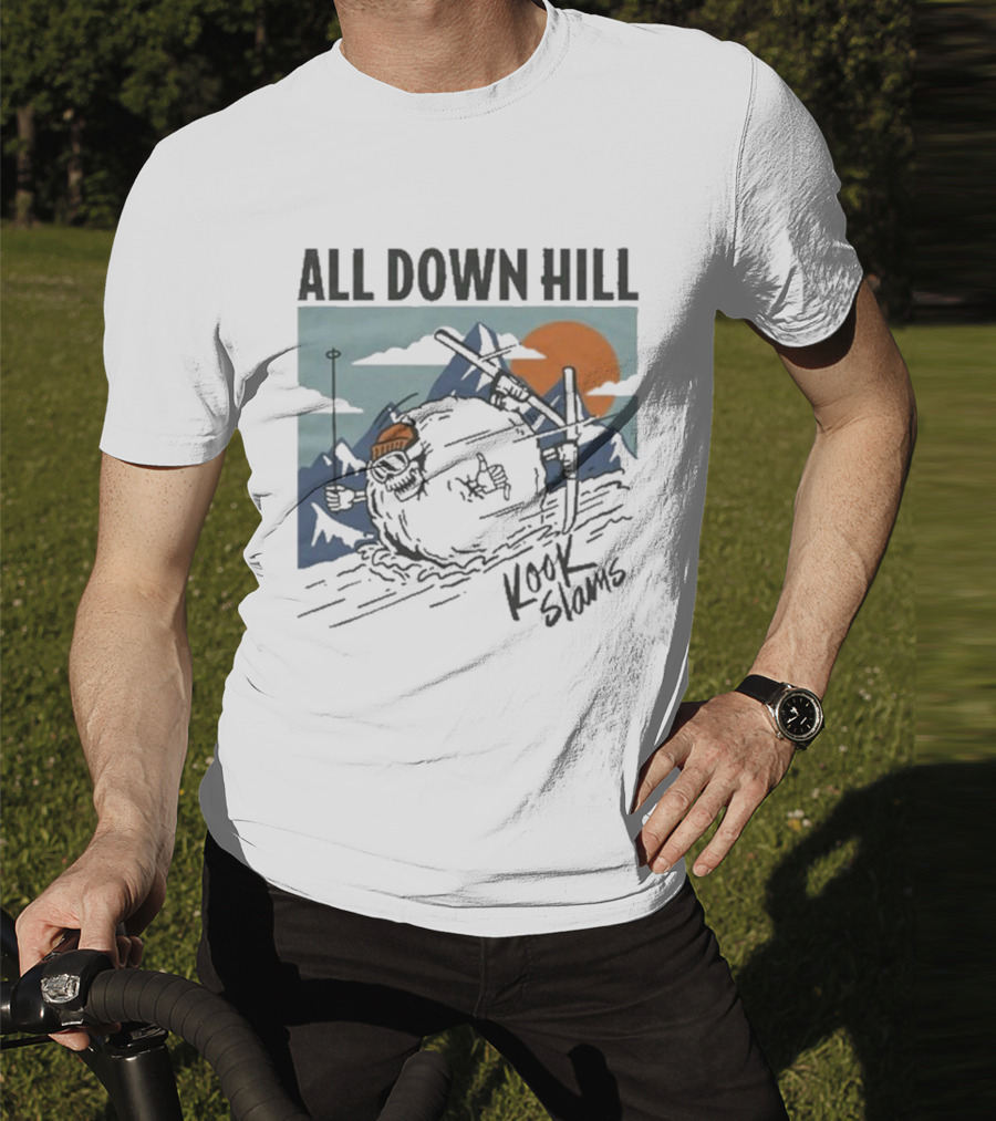 Kook Slams All Down Hill Skiing Adventure Orange Sunset Rugged Mountains T-Shirt