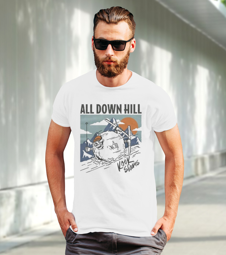 Kook Slams All Down Hill Skiing Adventure Orange Sunset Rugged Mountains T-Shirt