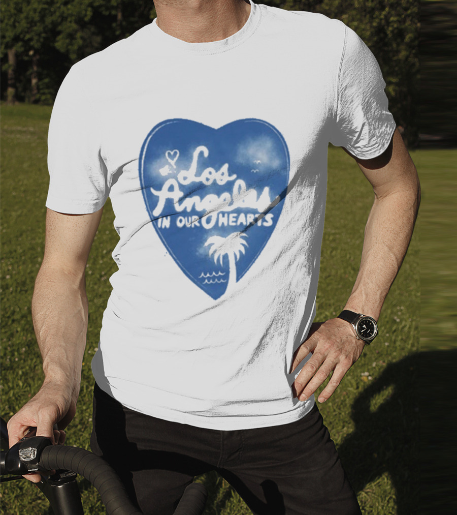 Los Angeles In Our Hearts Blue Heart With Palm Tree T-Shirt
