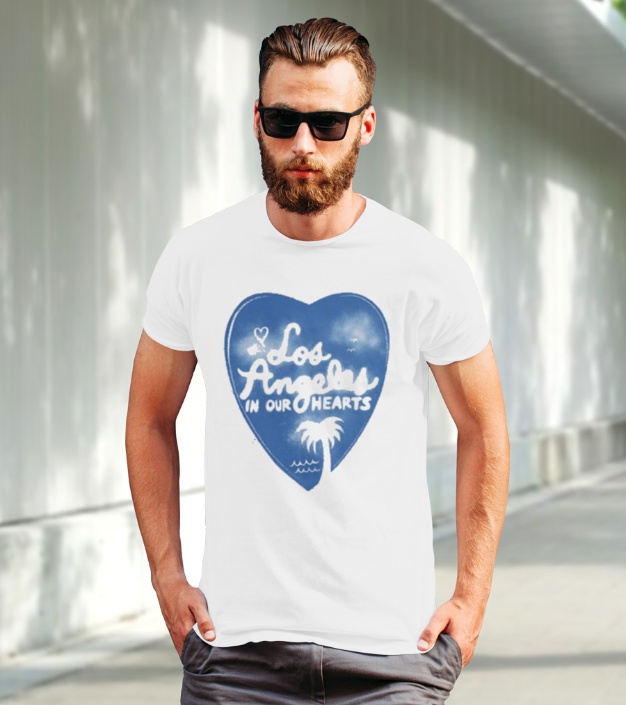Los Angeles In Our Hearts Blue Heart With Palm Tree T-Shirt