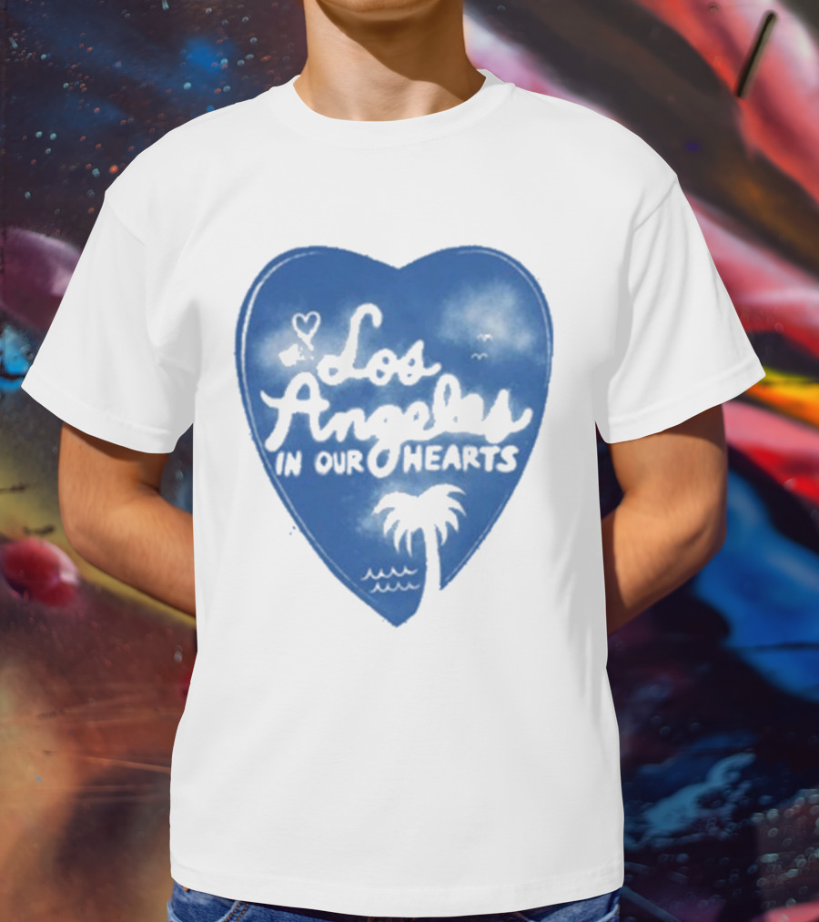Los Angeles In Our Hearts Blue Heart With Palm Tree T-Shirt