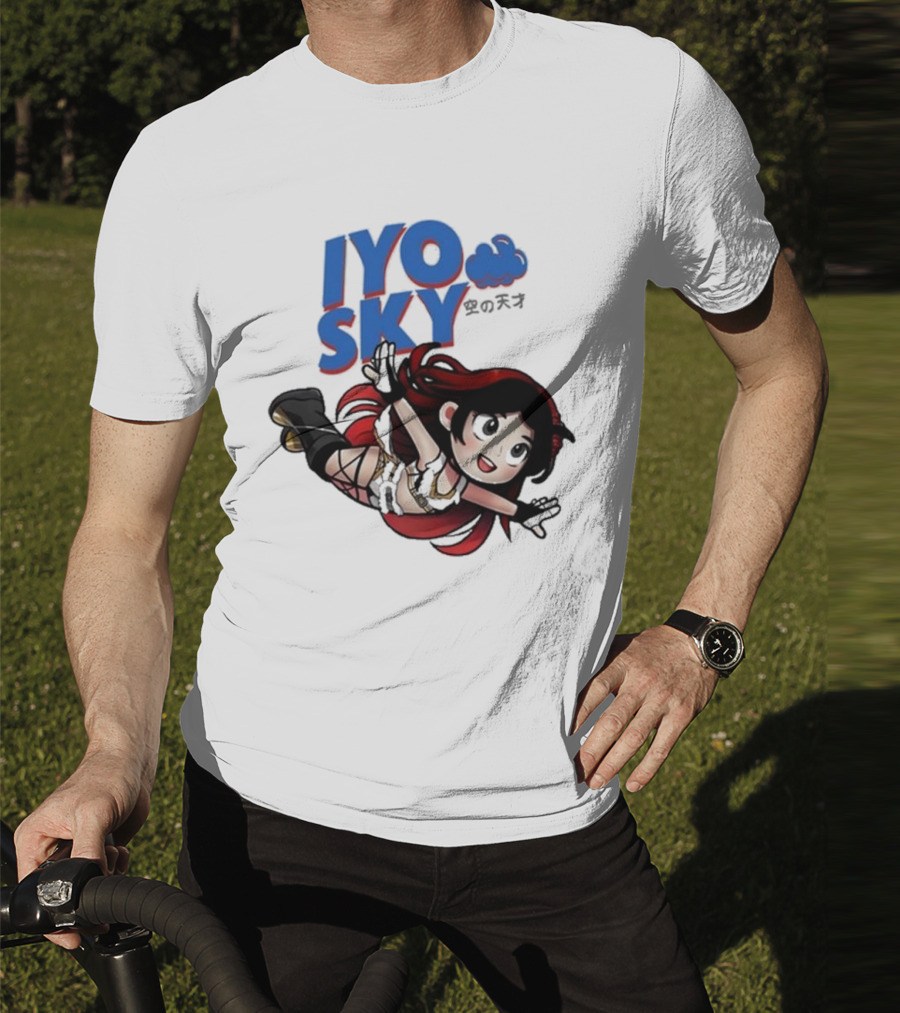 Iyo Sky Anime Character With Red And Black Hair Floating In The Clouds T-Shirt
