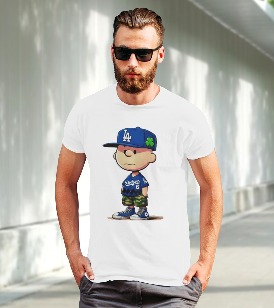 Los Angeles Dodgers Charlie Brown St. Patrick's Day LA Hat Clover Dodgers 6 Jersey T-Shirt