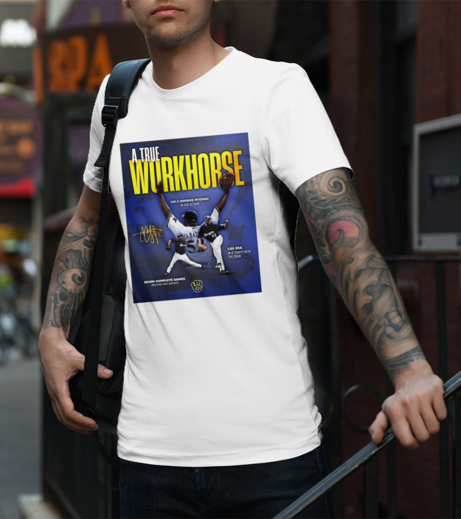 A True Workhorse Milwaukee Brewers CC Sabathia 130.2 Innings 82 Days 1.65 ERA Seven Complete Games Signature T-Shirt