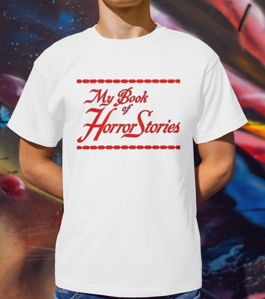 My Book Of Horror Stories Red Gothic Text With Chain Border T-Shirt