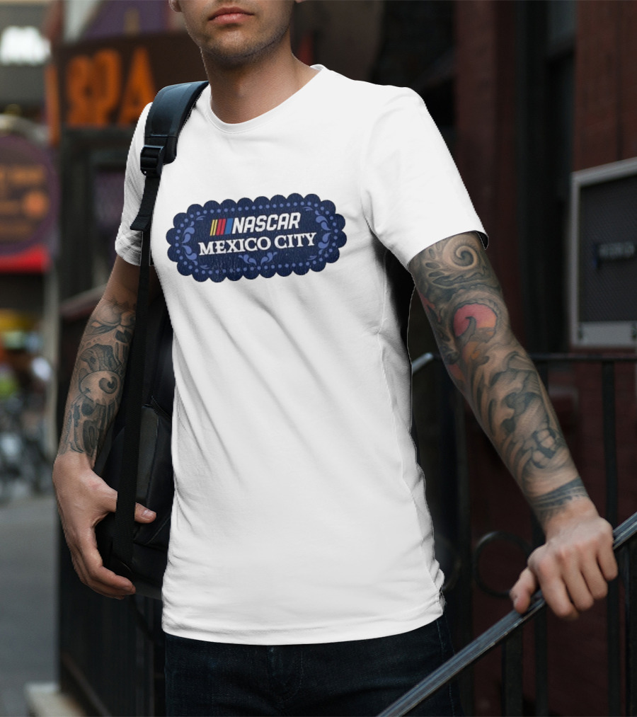 NASCAR Mexico City Scalloped Emblem With Colorful Stripes On Blue Background T-Shirt