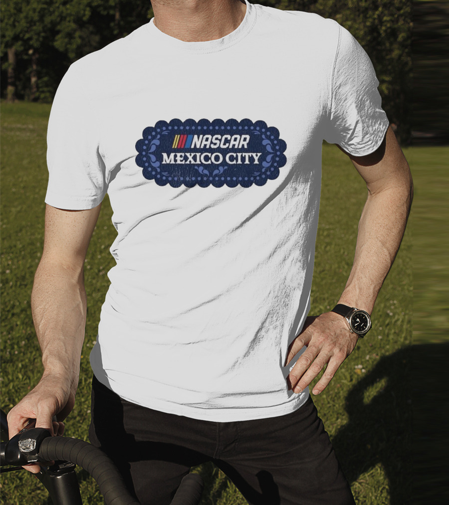NASCAR Mexico City Scalloped Emblem With Colorful Stripes On Blue Background T-Shirt