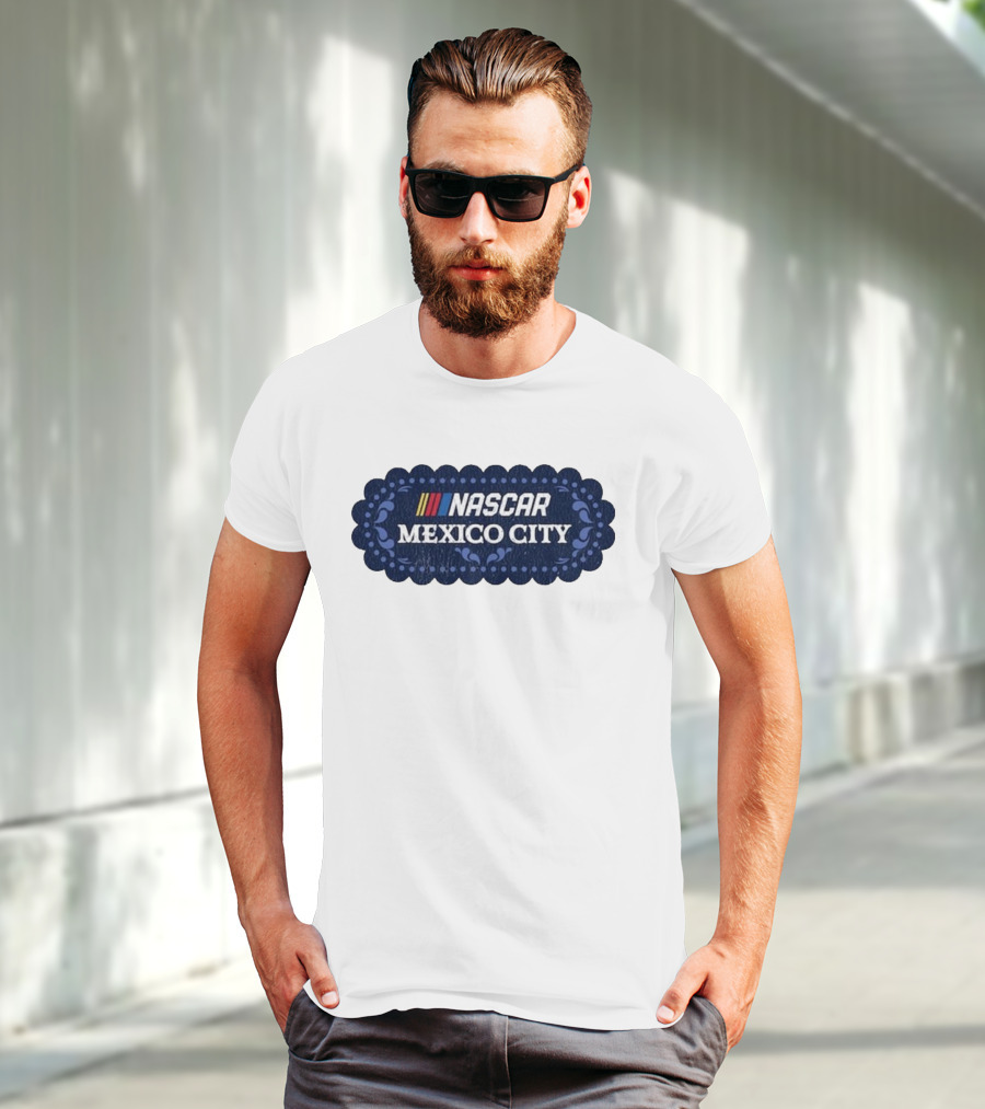 NASCAR Mexico City Scalloped Emblem With Colorful Stripes On Blue Background T-Shirt