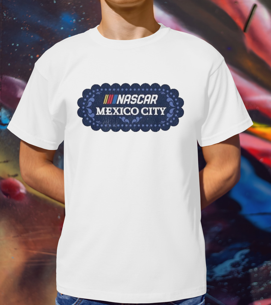 NASCAR Mexico City Scalloped Emblem With Colorful Stripes On Blue Background T-Shirt