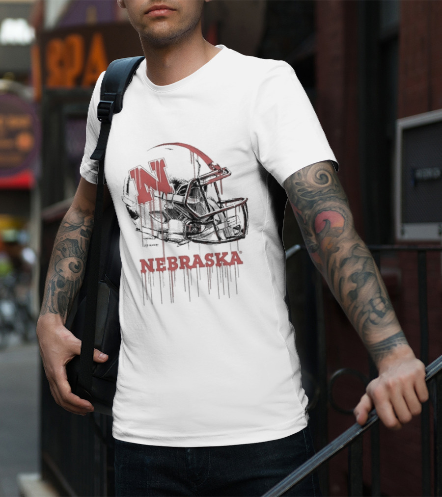 Nebraska Huskers N Dripping Football Helmet T-Shirt
