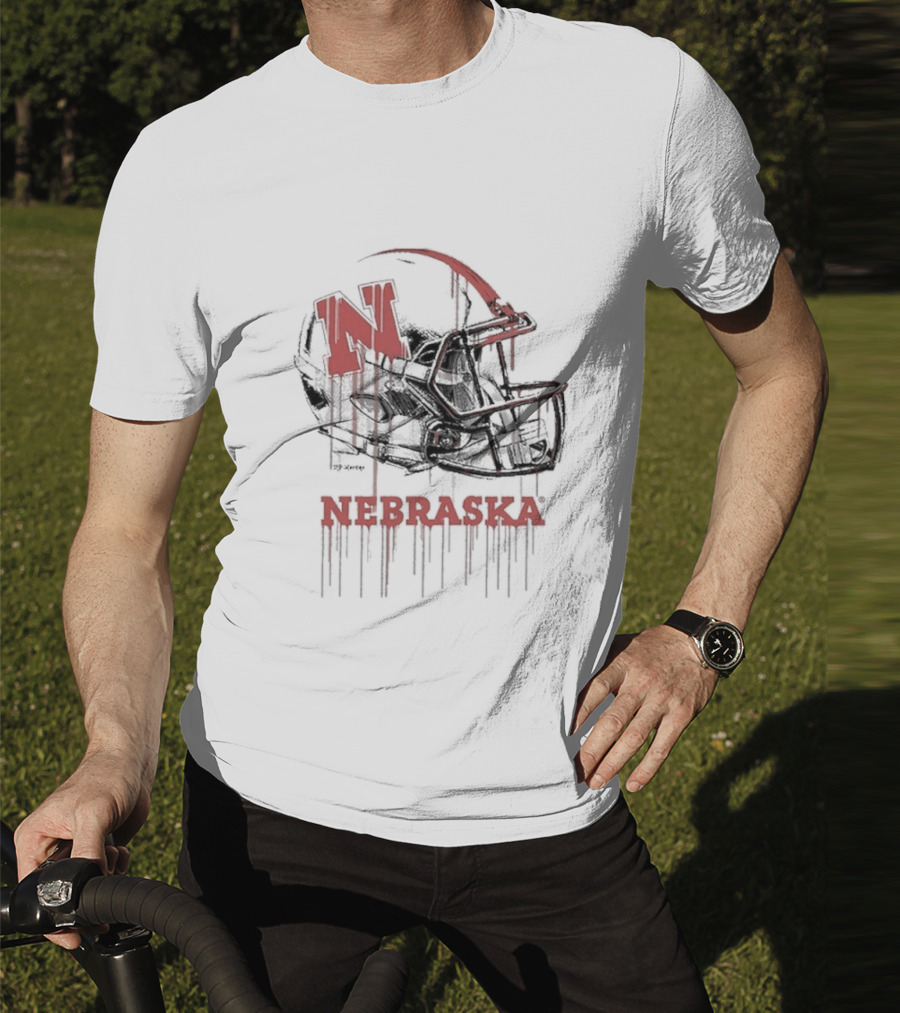 Nebraska Huskers N Dripping Football Helmet T-Shirt