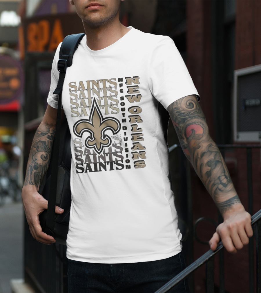 New Orleans Saints NFC South Division Fleur-de-Lis Saints Text Pattern T-Shirt