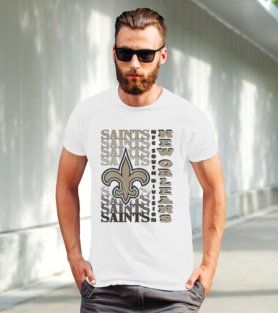 New Orleans Saints NFC South Division Fleur-de-Lis Saints Text Pattern T-Shirt