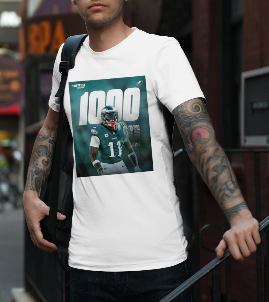 Philadelphia Eagles A.J. Brown 1000 Receiving Yards Signature Fly Eagles Fly NFL T-Shirt