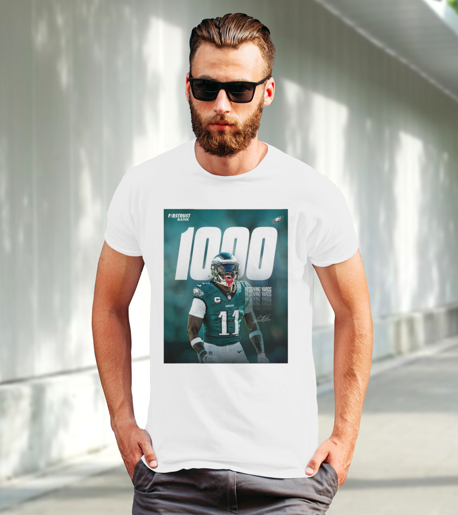 Philadelphia Eagles A.J. Brown 1000 Receiving Yards Signature Fly Eagles Fly NFL T-Shirt