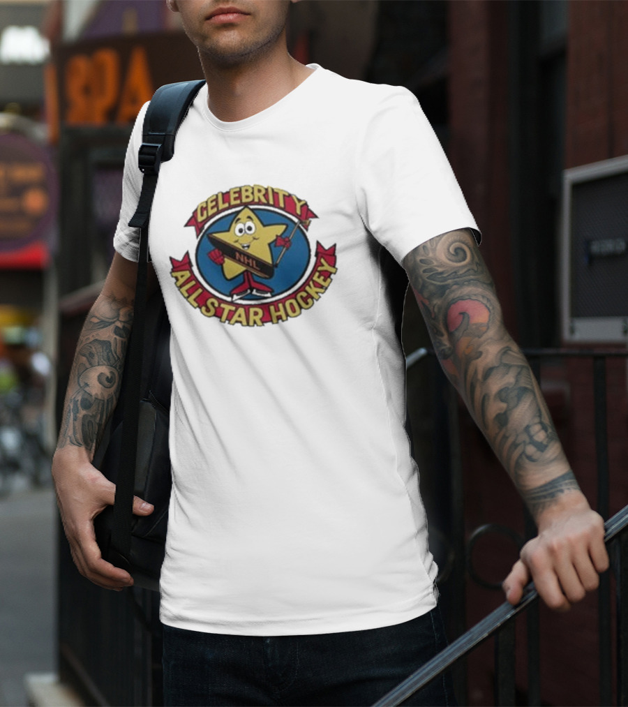 NHL Celebrity All Star Hockey Yellow Star Holding Stick T-Shirt