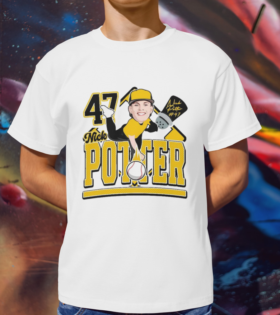 Nick Potter 47 Baseball Illustration With Character In Yellow And Black T-Shirt