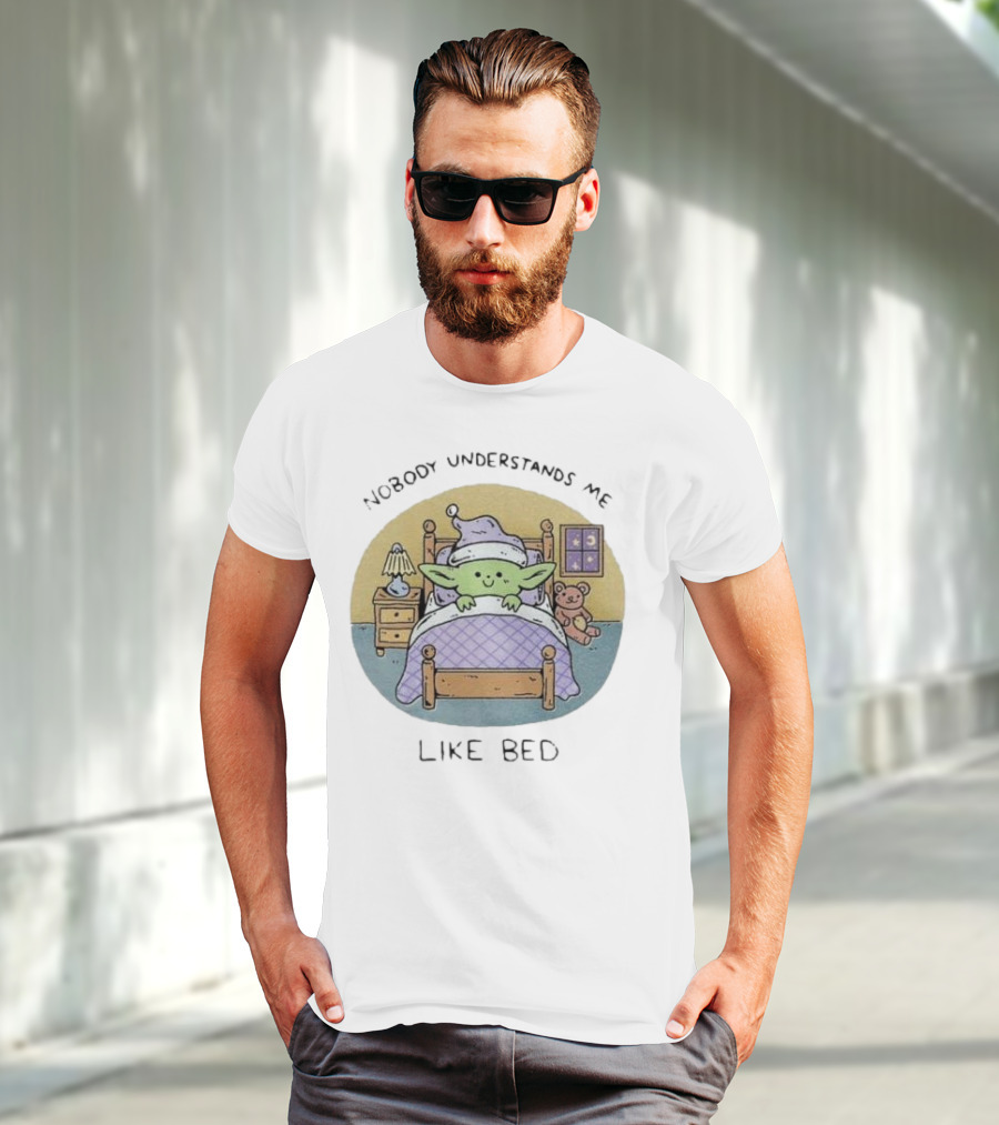Nobody Understands Me Like Bed Cute Green Alien Cartoon Pajamas Nighttime Scene T-Shirt