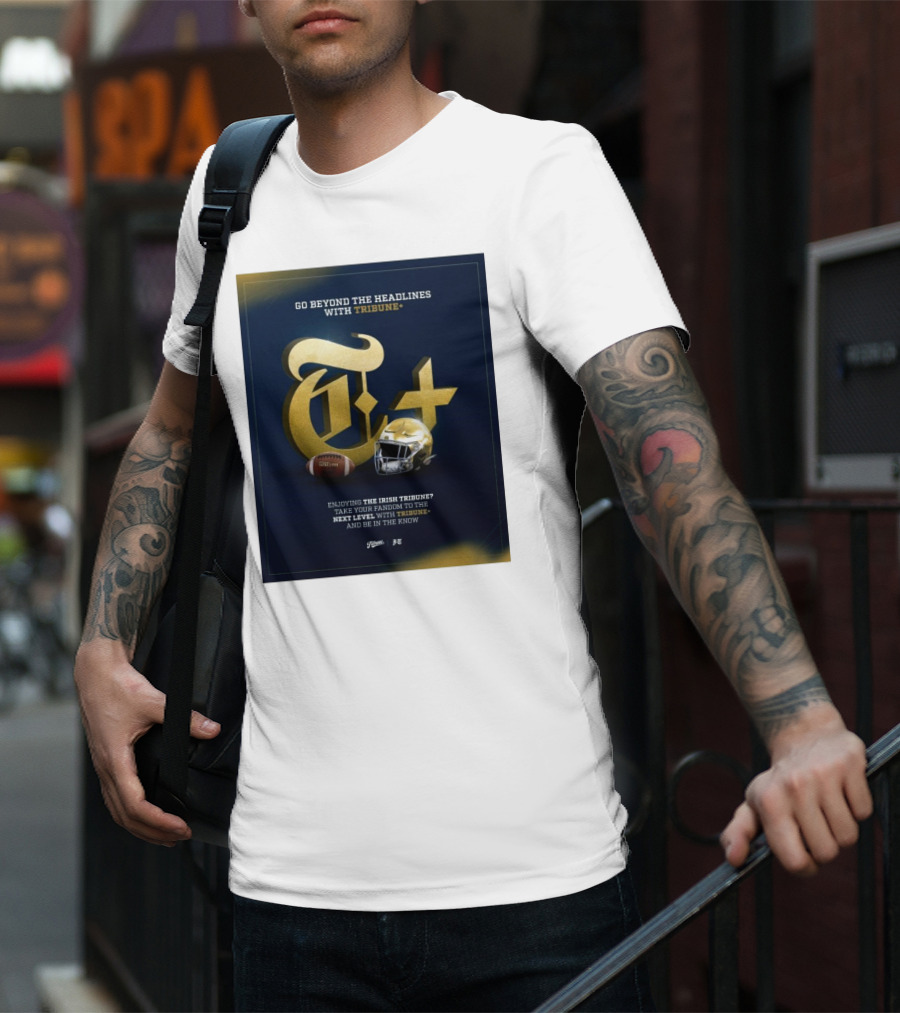 Notre Dame Fighting Irish Tribune+ Go Beyond The Headlines Football Helmet T-Shirt