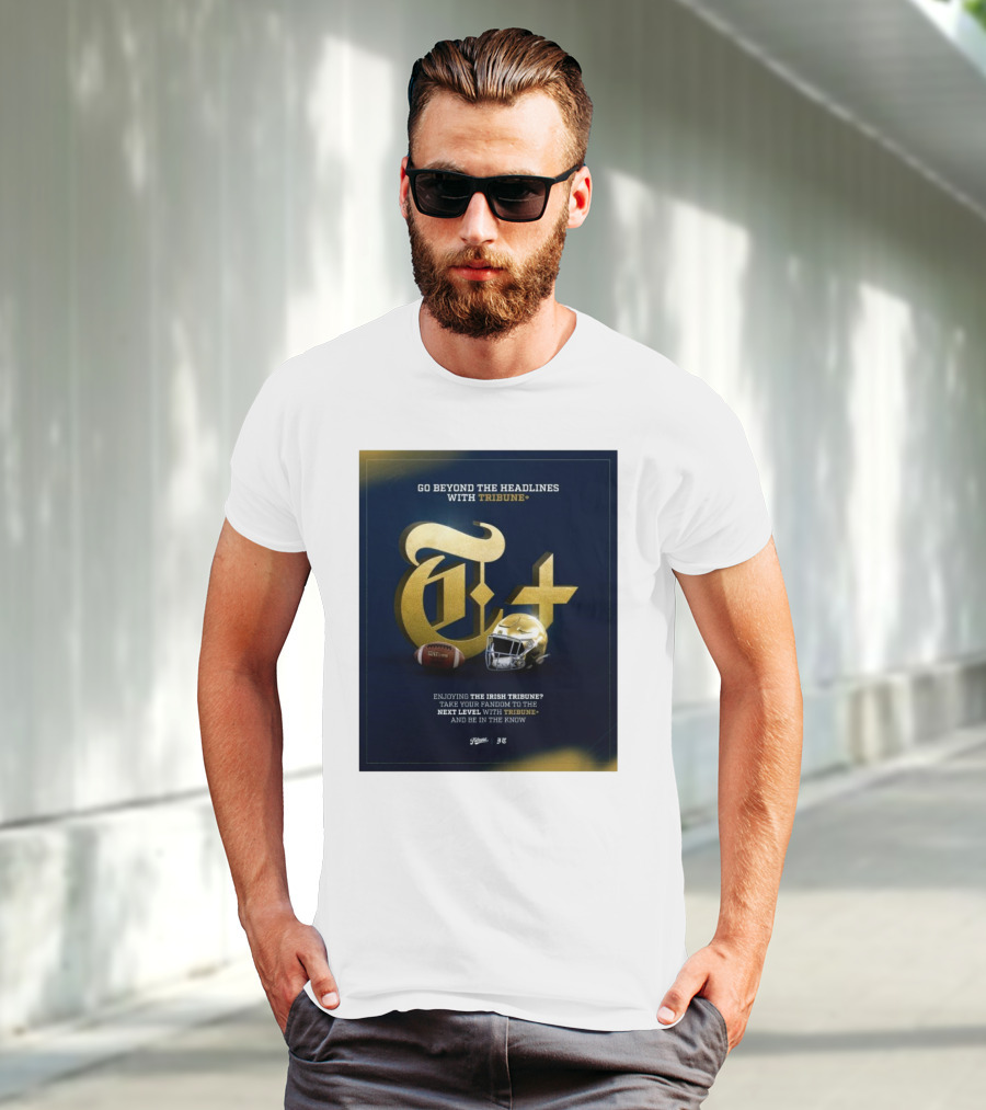 Notre Dame Fighting Irish Tribune+ Go Beyond The Headlines Football Helmet T-Shirt