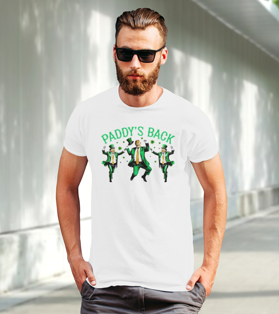 Paddy's Back St Patrick's Day Dancing Figures In Green Suit And Top Hat T-Shirt
