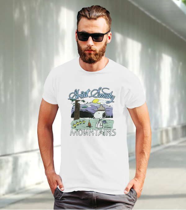 Snoopy Great Smoky Mountains Camping Scene With Woodstock Characters T-Shirt