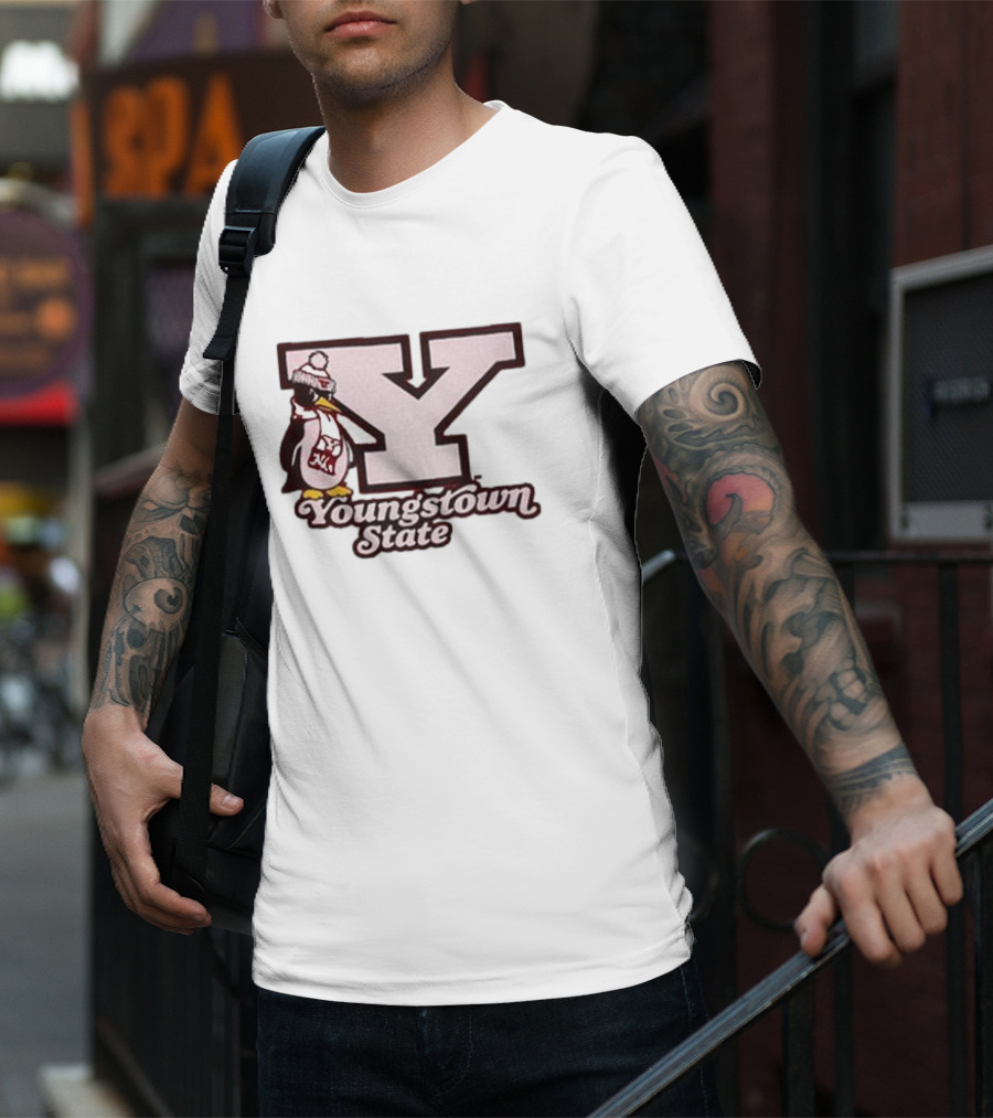 Youngstown State Pete Block Y Logo And Penguin With Scarf T-Shirt