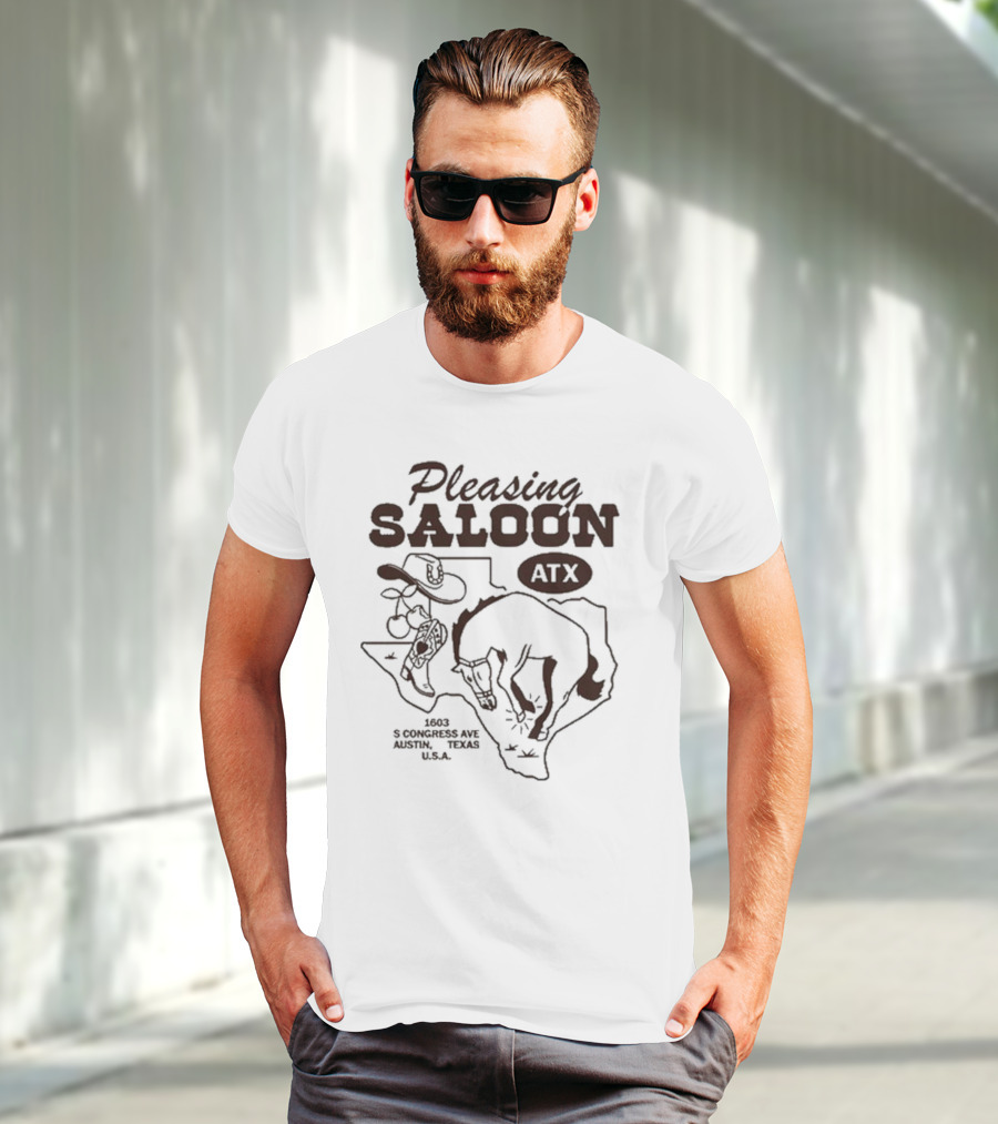 Pleasing Saloon ATX 1603 S Congress Ave Austin Texas USA Cowboy And Bull Texas Outline T-Shirt