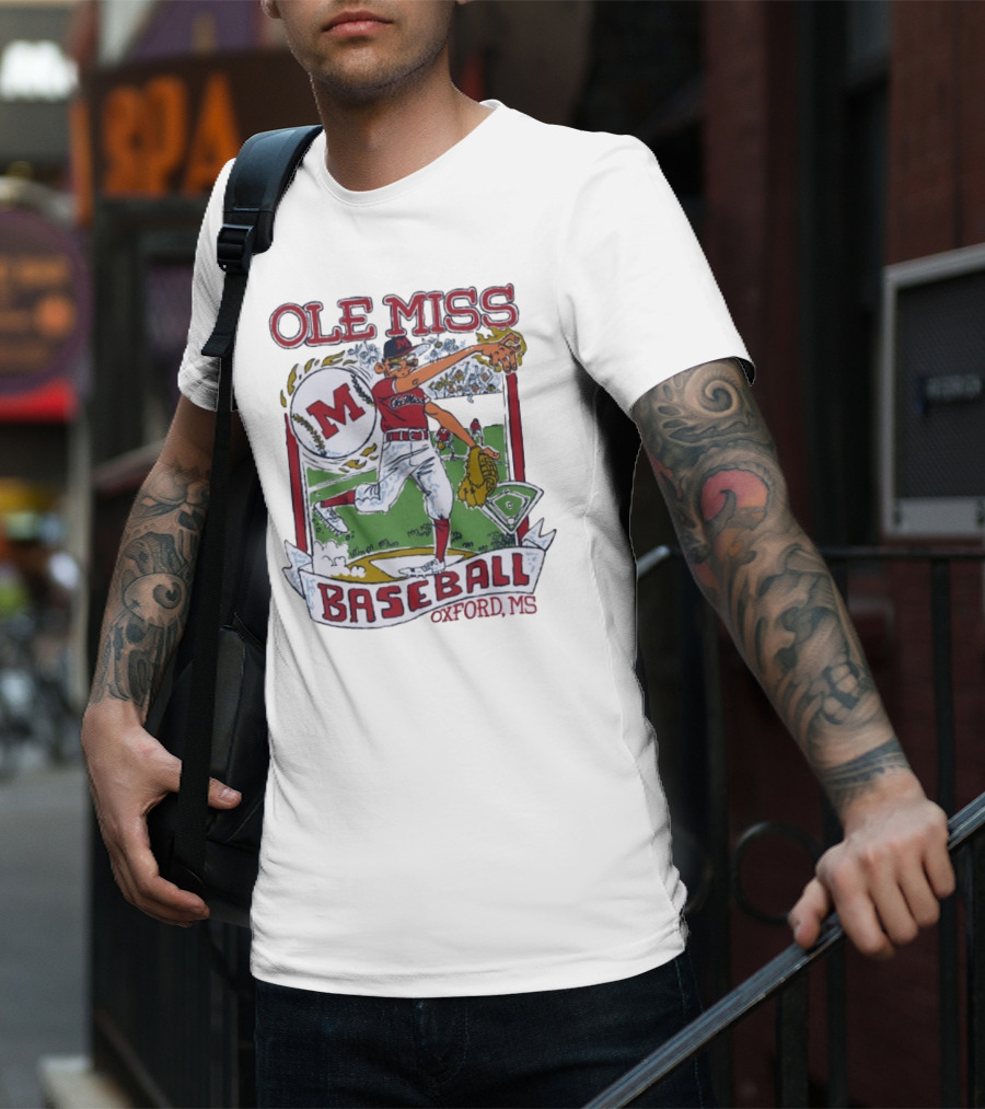 Ole Miss Baseball Oxford MS Pitcher Illustration With M Logo T-Shirt