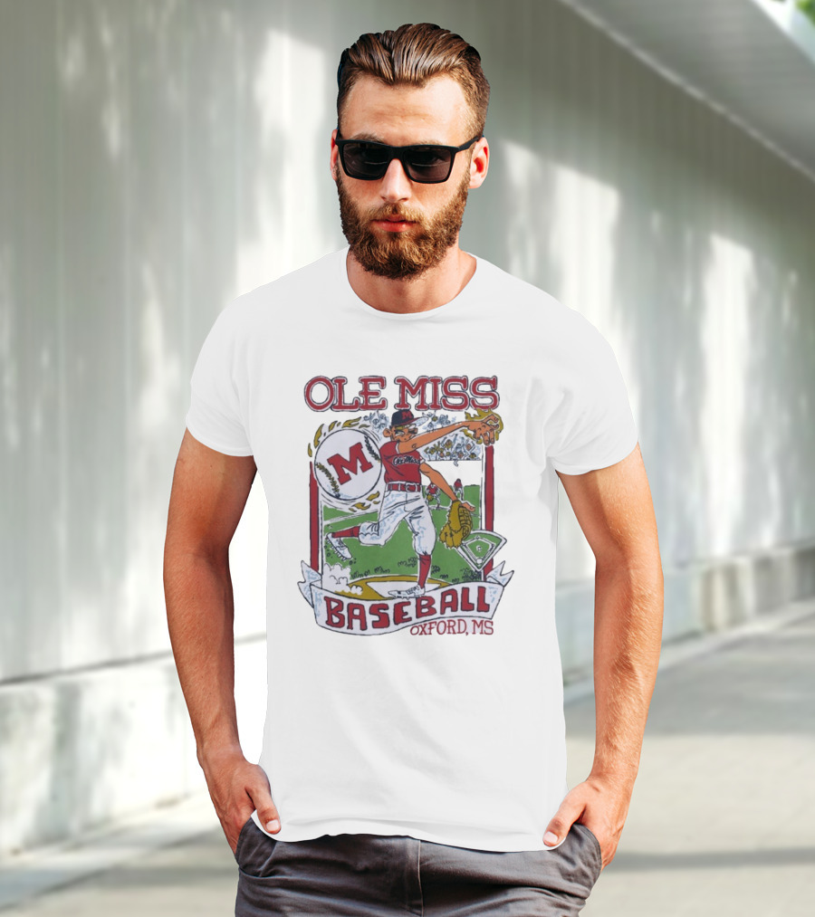Ole Miss Baseball Oxford MS Pitcher Illustration With M Logo T-Shirt