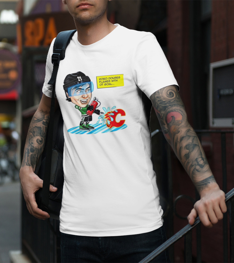 Robo Douses Flames With OT Goal Hockey Player Cartoon Extinguishing Calgary Flame Logo T-Shirt
