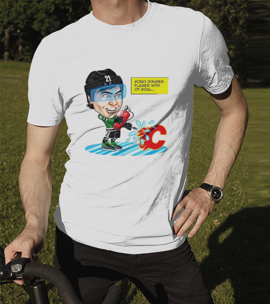 Robo Douses Flames With OT Goal Hockey Player Cartoon Extinguishing Calgary Flame Logo T-Shirt
