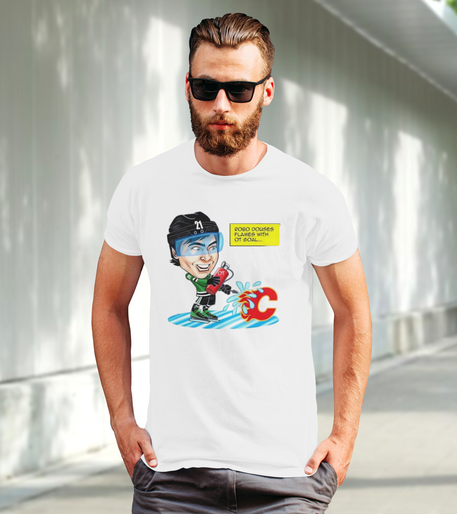 Robo Douses Flames With OT Goal Hockey Player Cartoon Extinguishing Calgary Flame Logo T-Shirt