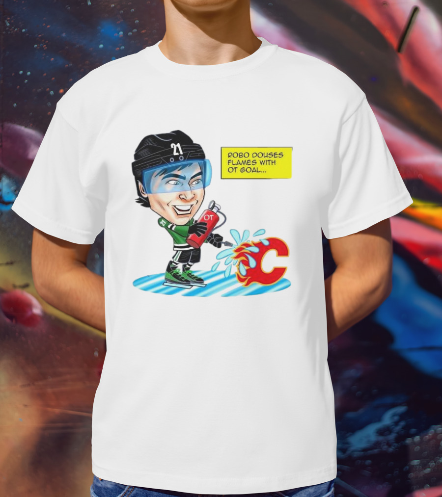 Robo Douses Flames With OT Goal Hockey Player Cartoon Extinguishing Calgary Flame Logo T-Shirt