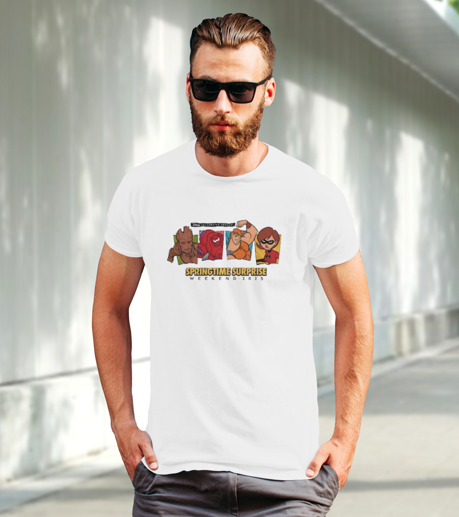 Run Disney Springtime Surprise Weekend 2025 Groot Baymax Hercules Elastigirl T-Shirt