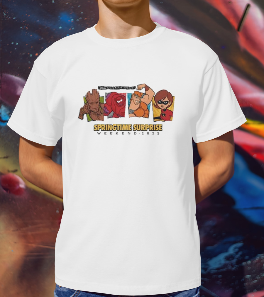 Run Disney Springtime Surprise Weekend 2025 Groot Baymax Hercules Elastigirl T-Shirt