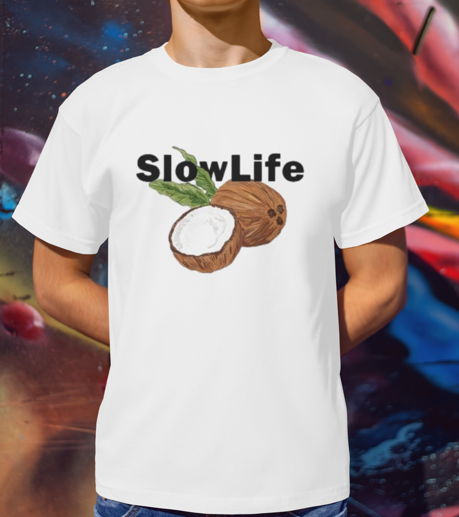 Slow Life Coconut Illustration With Text And Leaves T-Shirt