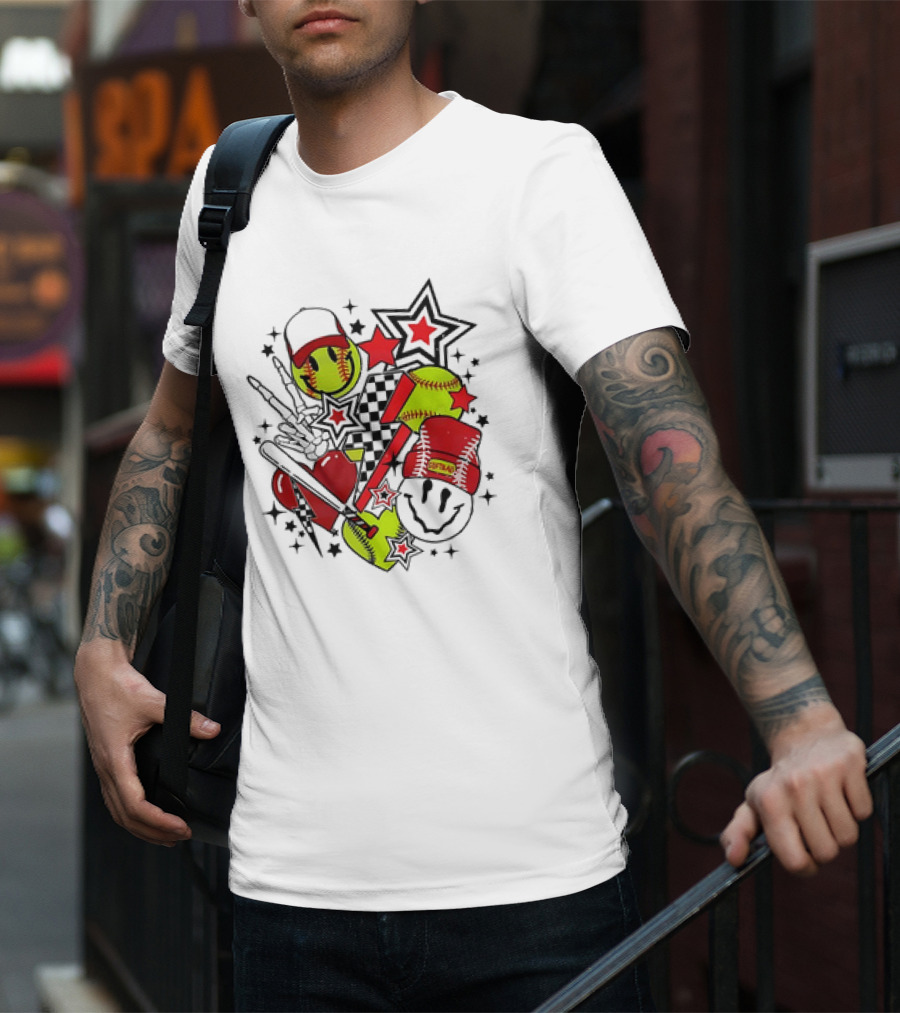 Softball Smiley Face Devil Cap Bats And Stars Retro T-Shirt