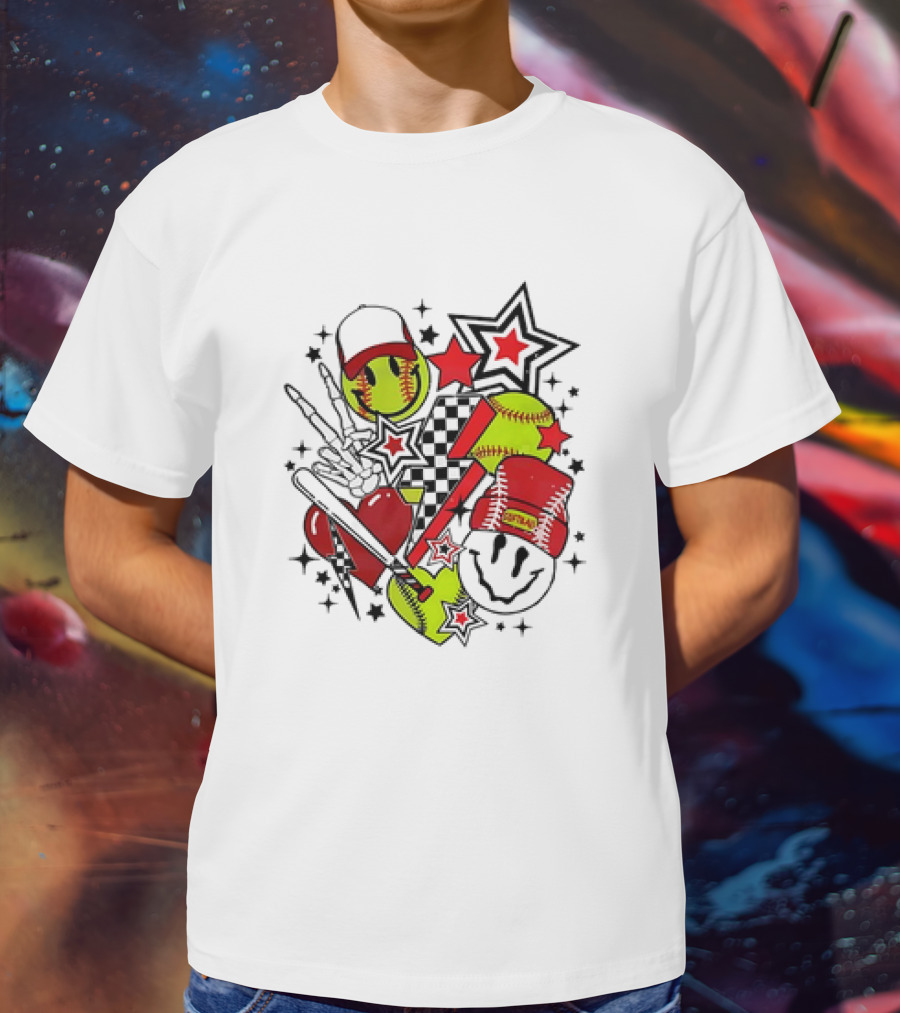 Softball Smiley Face Devil Cap Bats And Stars Retro T-Shirt