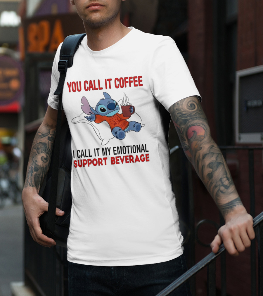 Stitch You Call It Coffee I Call It My Emotional Support Beverage Blue Alien Character With Hot Drink In Red Sweater T-Shirt