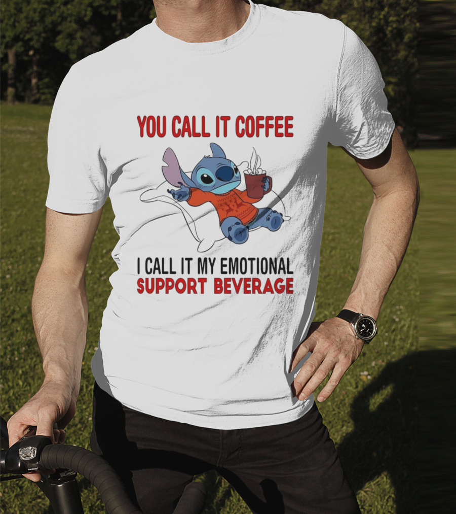 Stitch You Call It Coffee I Call It My Emotional Support Beverage Blue Alien Character With Hot Drink In Red Sweater T-Shirt