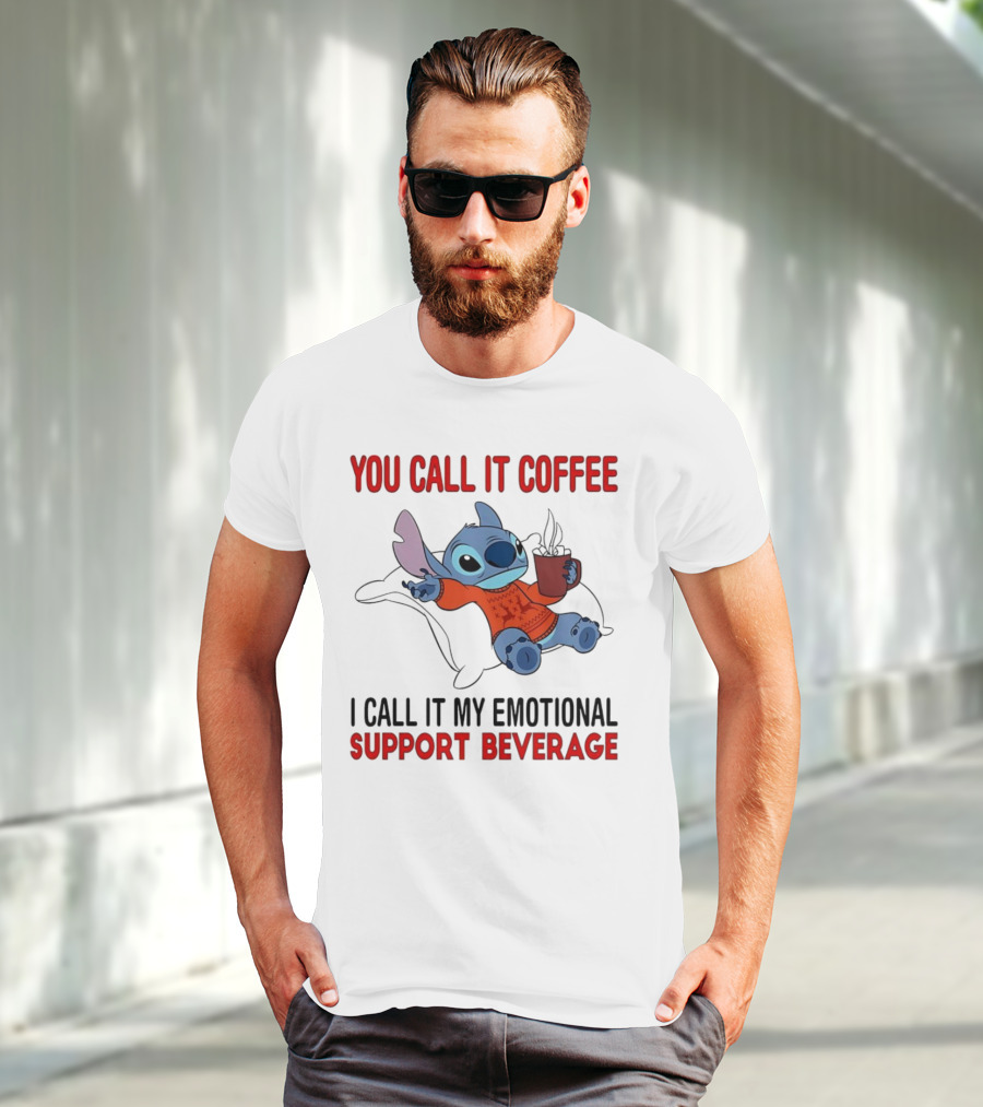 Stitch You Call It Coffee I Call It My Emotional Support Beverage Blue Alien Character With Hot Drink In Red Sweater T-Shirt